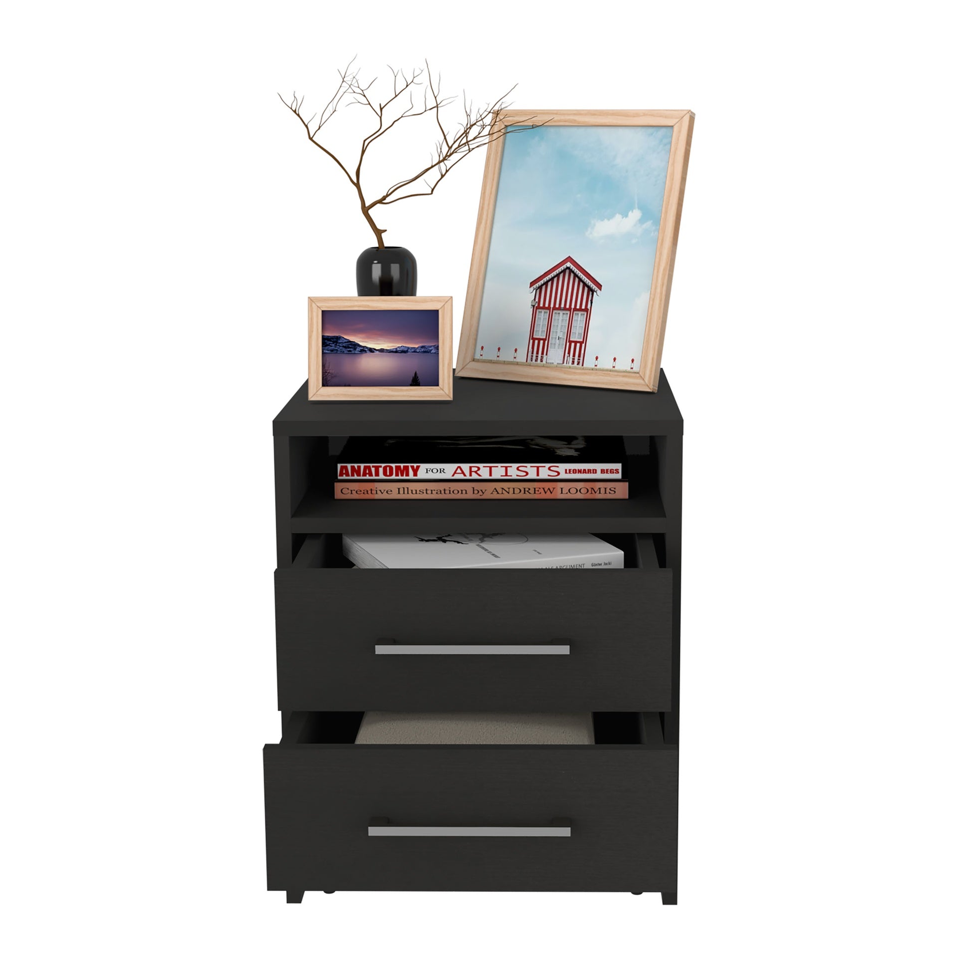 Greter 24"  Two-Drawer Night Stand  With open shelf Black