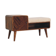 Solid Wood Carved Telephone Table, Boucle Upholstered, Chestnut, Beige and Brown