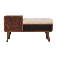 Solid Wood Carved Telephone Table, Boucle Upholstered, Chestnut, Beige and Brown