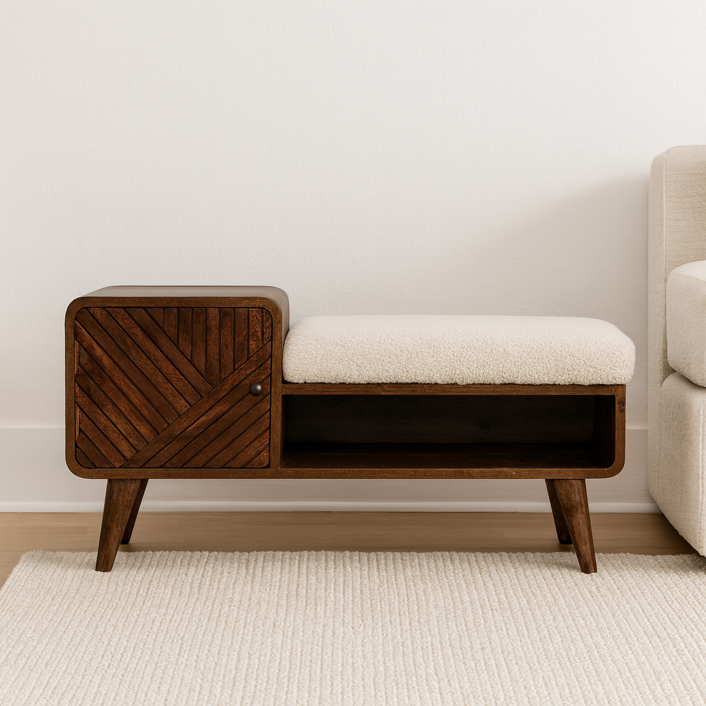 Solid Wood Carved Telephone Table, Boucle Upholstered, Chestnut, Beige and Brown
