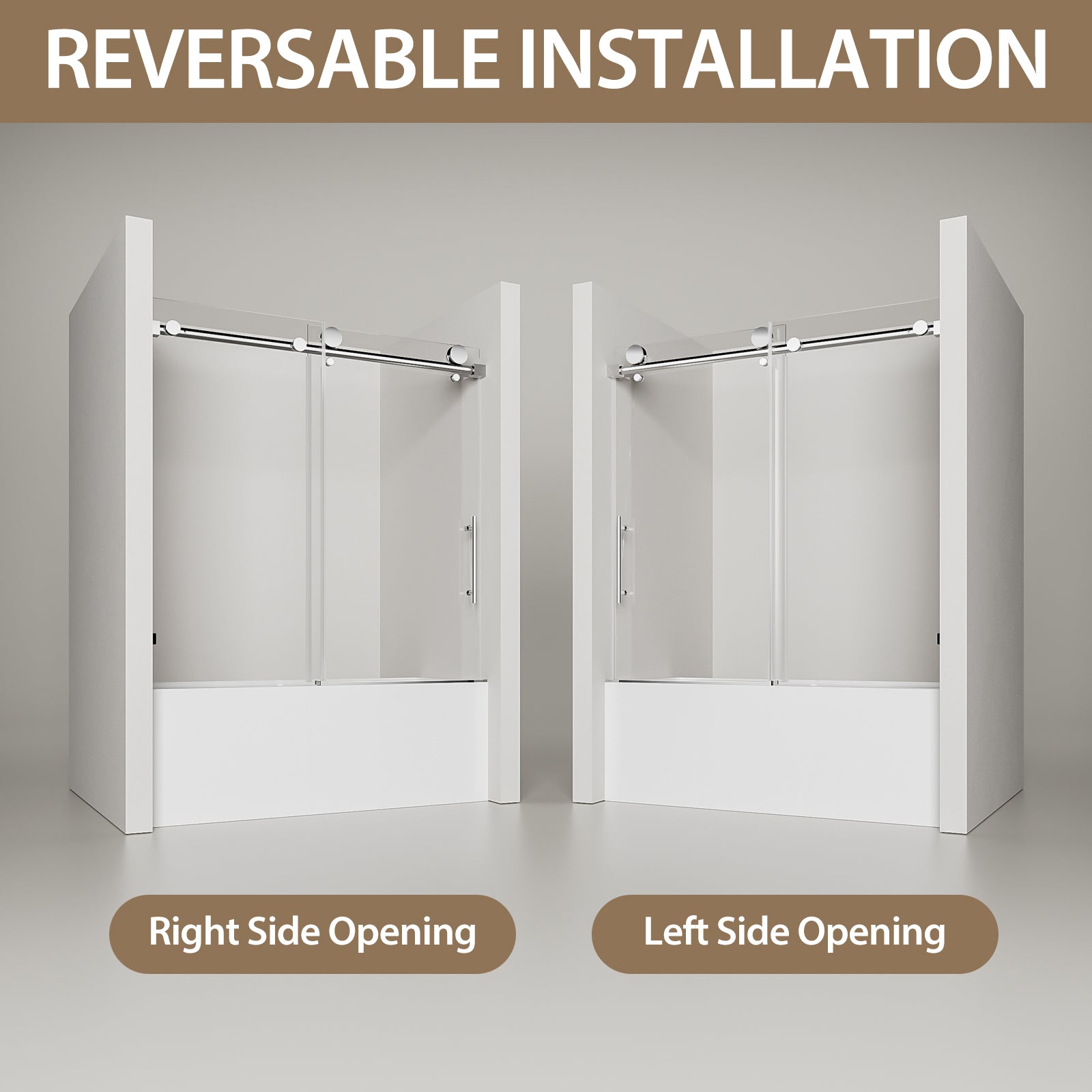 56"-60" W x 60" H Frameless Single Sliding Shower Door, Chrome Bathtub Door, 5/16" (8mm) Clear Tempered Glass With Explosion-proof Film, Stainless Steel Handle