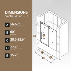 56"-60" W x 60" H Frameless Single Sliding Shower Door, Chrome Bathtub Door, 5/16" (8mm) Clear Tempered Glass With Explosion-proof Film, Stainless Steel Handle