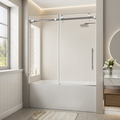 56"-60" W x 60" H Frameless Single Sliding Shower Door, Chrome Bathtub Door, 5/16" (8mm) Clear Tempered Glass With Explosion-proof Film, Stainless Steel Handle
