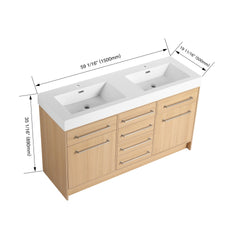 60" Freestanding Bathroom Vanity with Double Resin Sink, 2-Soft Closing Door & 6-Soft Closing Drawer, Original Oak, Plywood