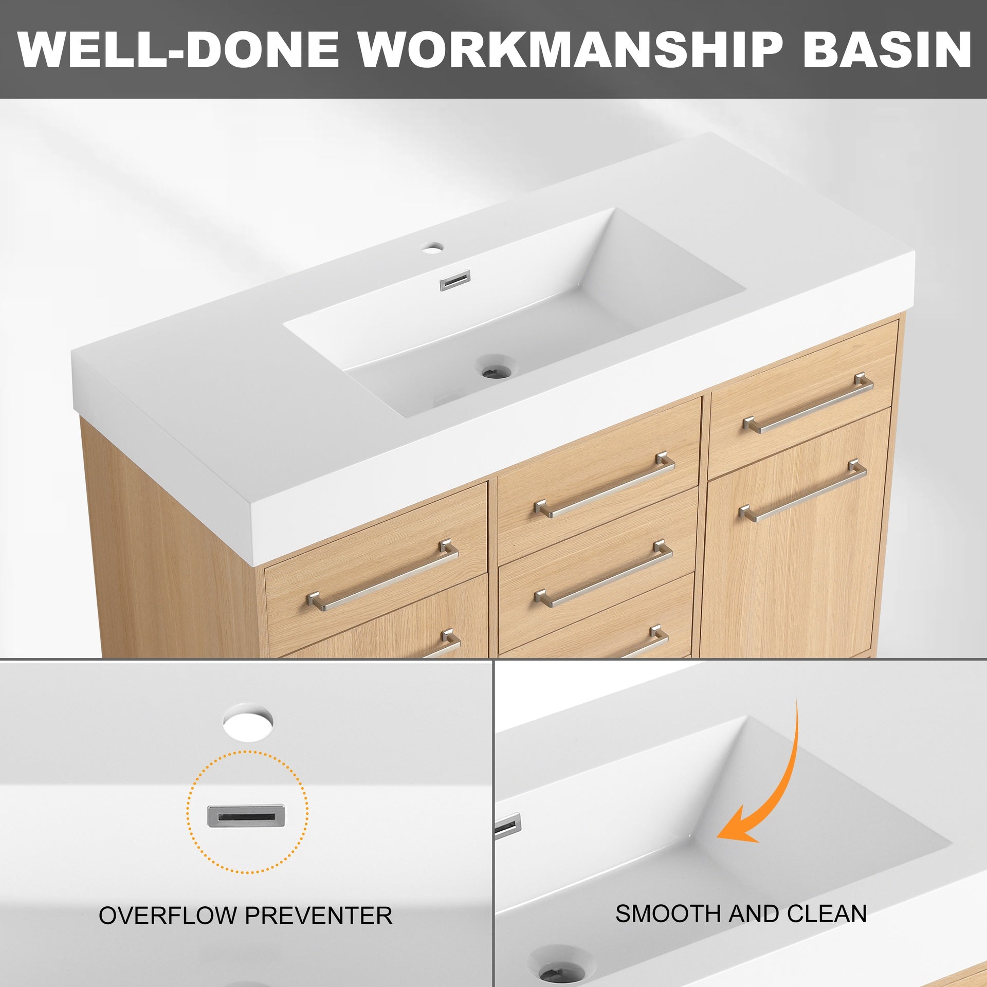 48" Freestanding Bathroom Vanity with Resin Sink, 2-Soft Closing Door & 6-Soft Closing Drawer, Original Oak, Plywood