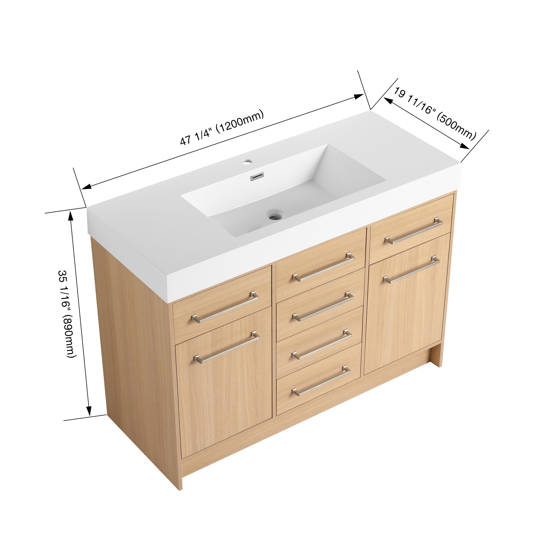 48" Freestanding Bathroom Vanity with Resin Sink, 2-Soft Closing Door & 6-Soft Closing Drawer, Original Oak, Plywood