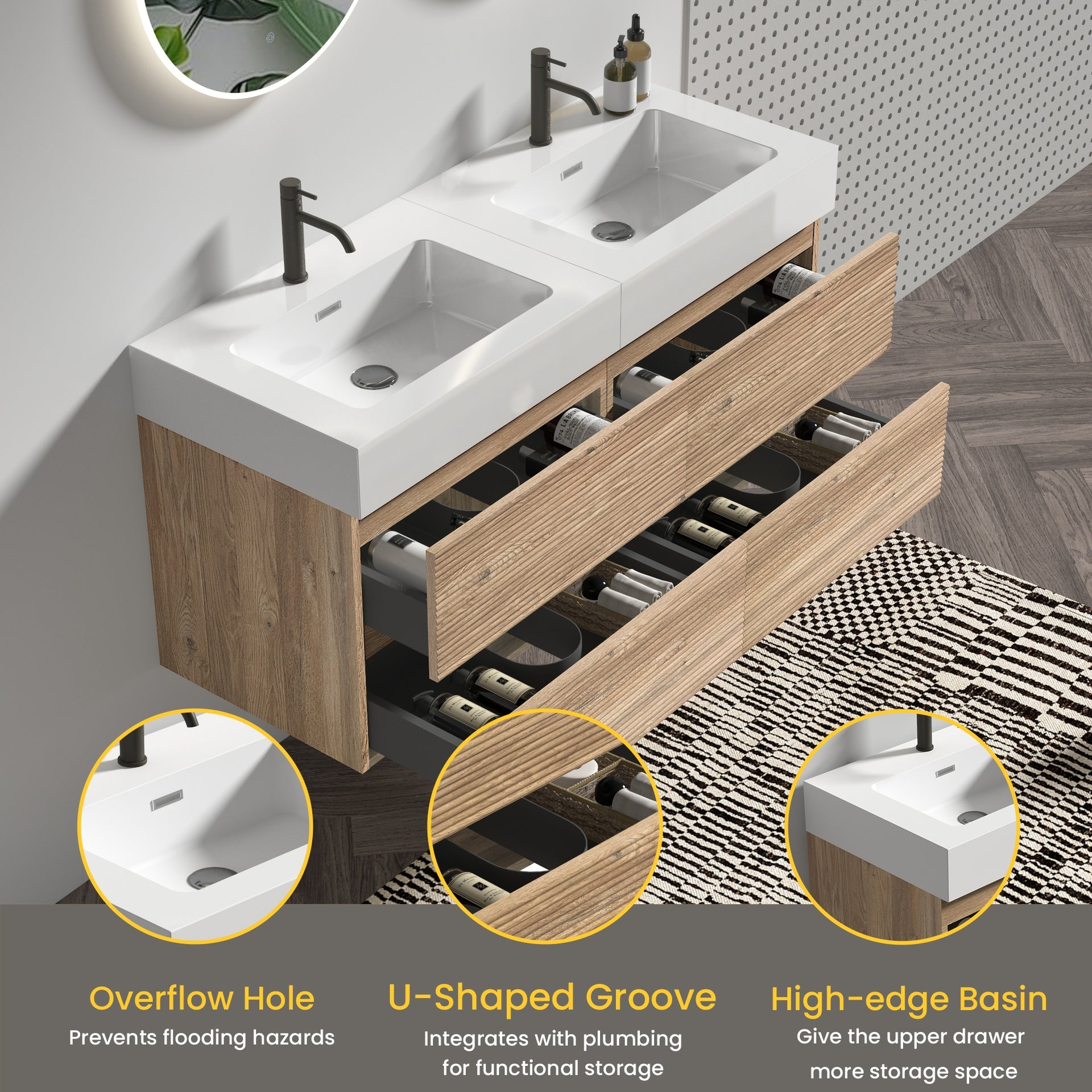 Grace 48''(24Inch*2) Bathroom Vanity with White Engineered Quartz Sink and Rough Oak Drawers, Wall Mounted Floating Bathroom Vanity, One-piece Basin without drainage and faucet, KD