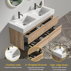 Grace 48''(24Inch*2) Bathroom Vanity with White Engineered Quartz Sink and Rough Oak Drawers, Wall Mounted Floating Bathroom Vanity, One-piece Basin without drainage and faucet, KD
