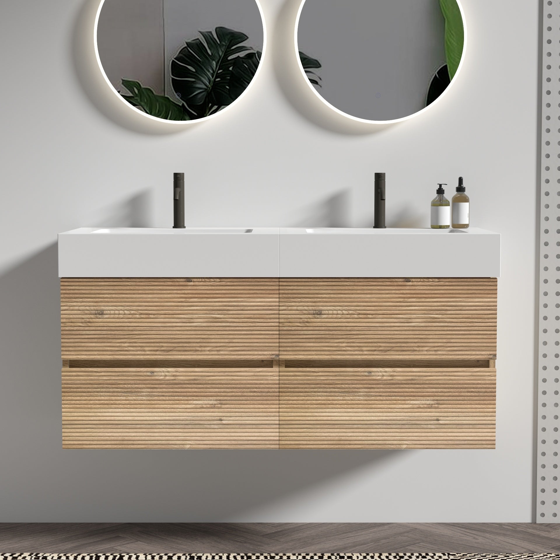 Grace 48''(24Inch*2) Bathroom Vanity with White Engineered Quartz Sink and Rough Oak Drawers, Wall Mounted Floating Bathroom Vanity, One-piece Basin without drainage and faucet, KD