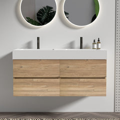 Grace 48''(24Inch*2) Bathroom Vanity with White Engineered Quartz Sink and Rough Oak Drawers, Wall Mounted Floating Bathroom Vanity, One-piece Basin without drainage and faucet, KD