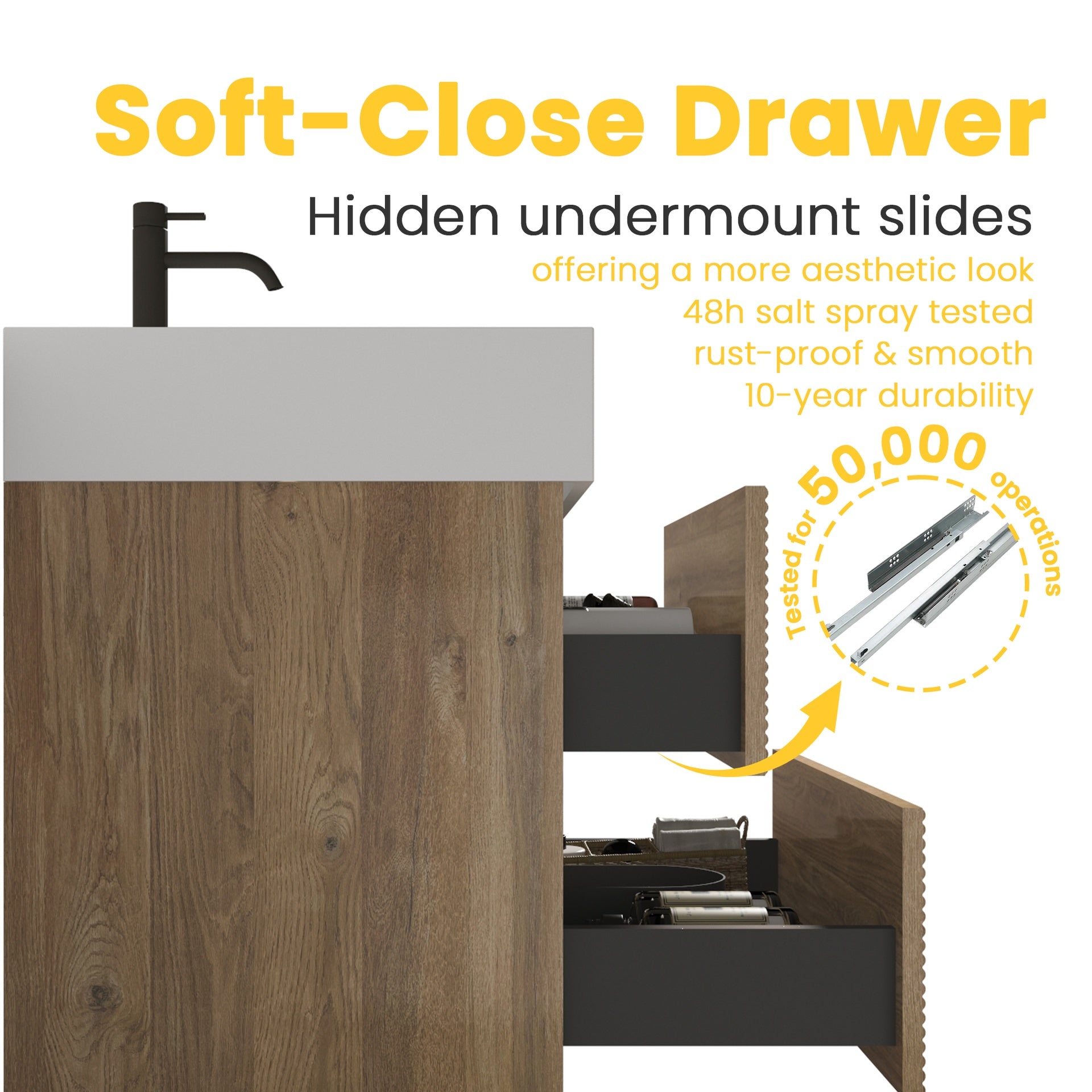 Grace 48''(24Inch*2) Bathroom Vanity with White Engineered Quartz Sink and Rough Oak Drawers, Wall Mounted Floating Bathroom Vanity, One-piece Basin without drainage and faucet, KD