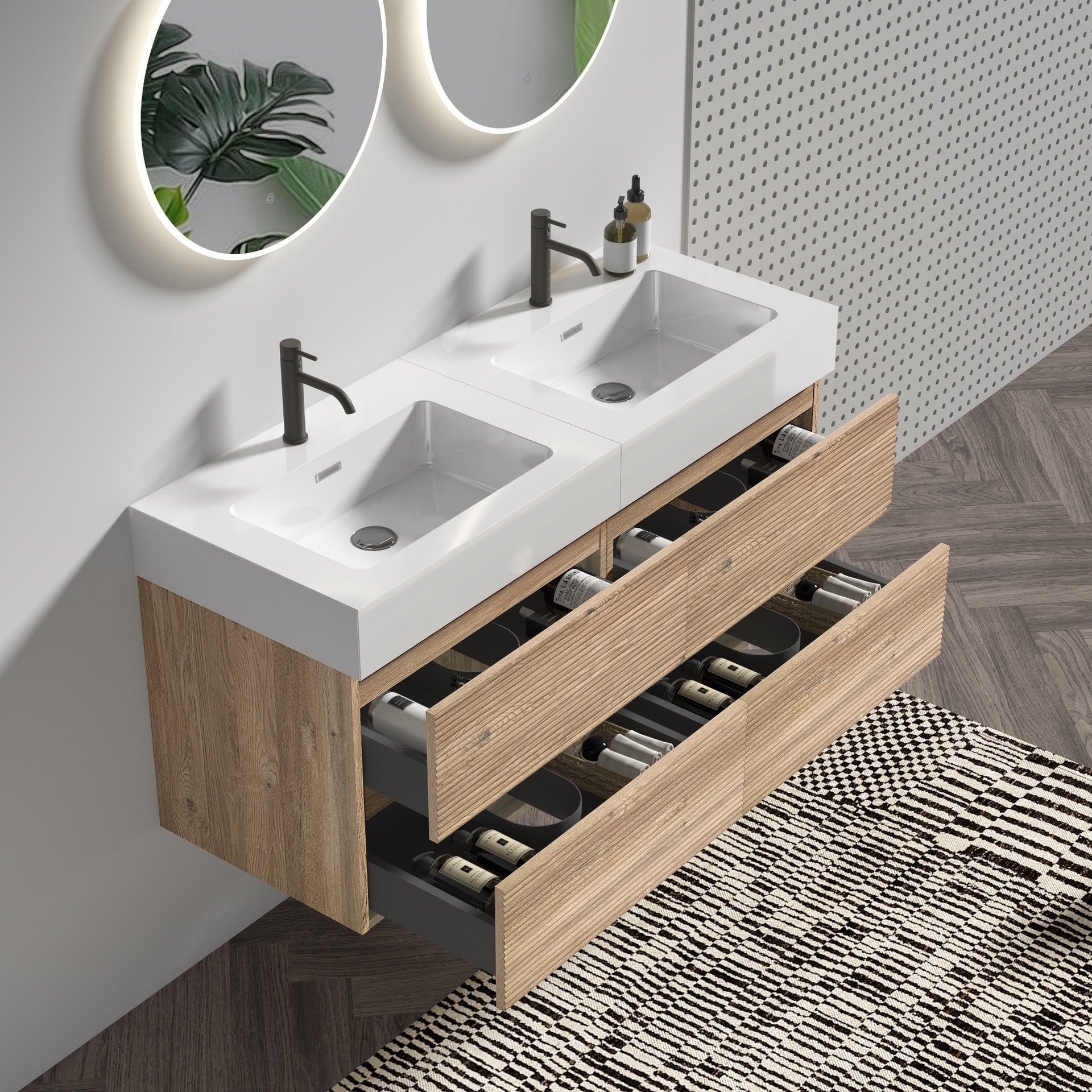 Grace 48''(24Inch*2) Bathroom Vanity with White Engineered Quartz Sink and Rough Oak Drawers, Wall Mounted Floating Bathroom Vanity, One-piece Basin without drainage and faucet, KD