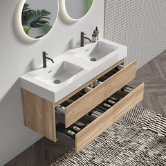 Grace 48''(24Inch*2) Bathroom Vanity with White Engineered Quartz Sink and Rough Oak Drawers, Wall Mounted Floating Bathroom Vanity, One-piece Basin without drainage and faucet, KD