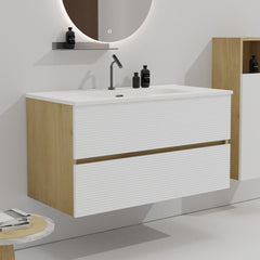 Gloria 36" Wall Mounted Snow White Matt & Natural Oak Bathroom Vanity with Integrated Ceramic Sink with Overflow, Large Storage Floating Bathroom Vanity for Modern Bathroom, Pre-assembled