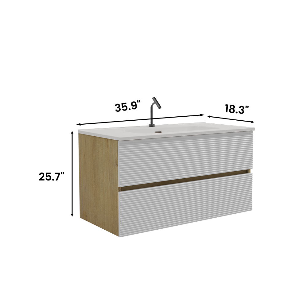 Gloria 36" Wall Mounted Snow White Matt & Natural Oak Bathroom Vanity with Integrated Ceramic Sink with Overflow, Large Storage Floating Bathroom Vanity for Modern Bathroom, Pre-assembled