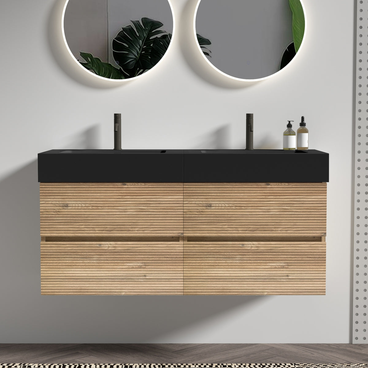 Grace 48''(24Inch*2) Bathroom Vanity with Black Engineered Quartz Sink and Rough Oak Drawers, Wall Mounted Floating Bathroom Vanity, One-Piece Basin without drainage and faucet, KD