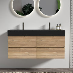 Grace 48''(24Inch*2) Bathroom Vanity with Black Engineered Quartz Sink and Rough Oak Drawers, Wall Mounted Floating Bathroom Vanity, One-Piece Basin without drainage and faucet, KD