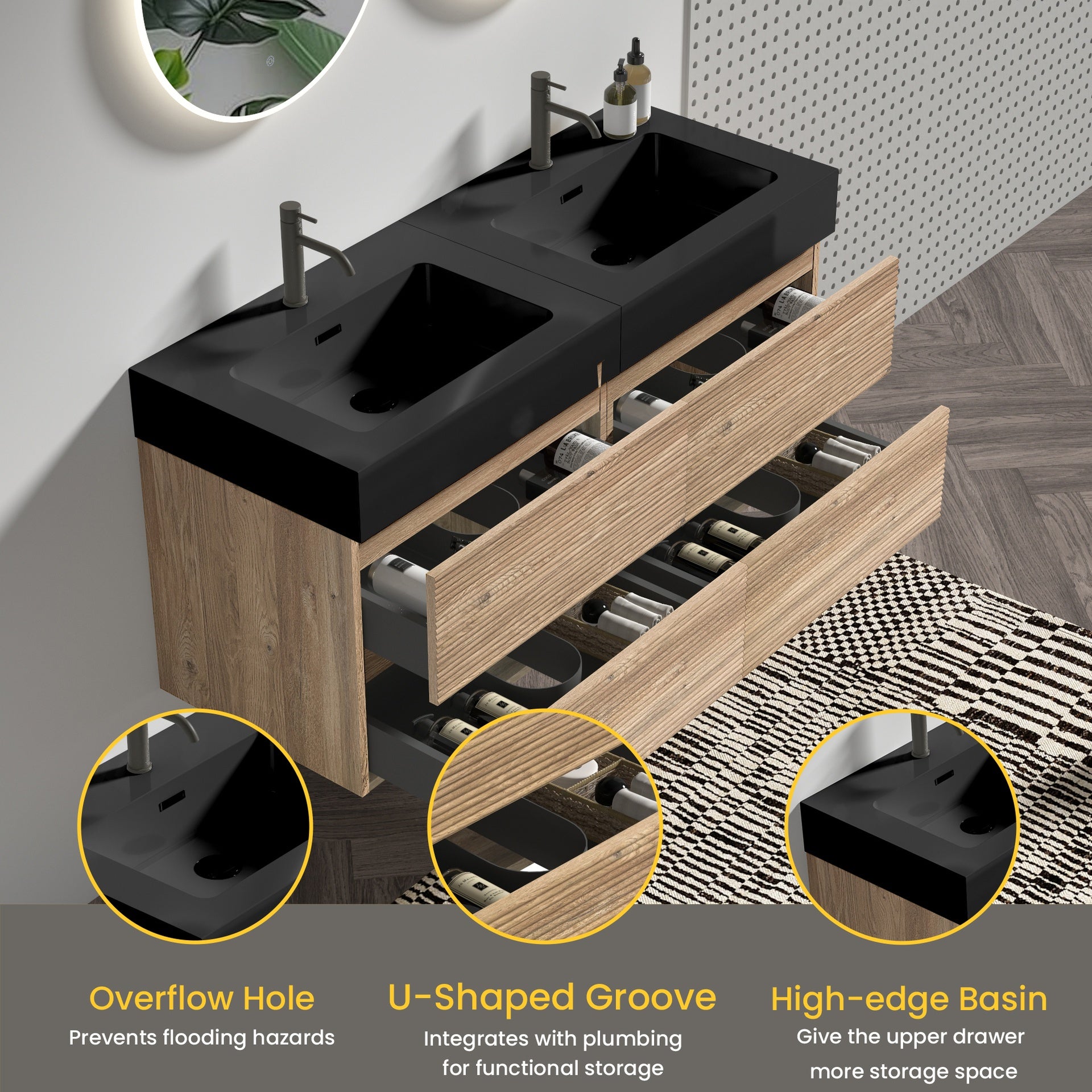Grace 48''(24Inch*2) Bathroom Vanity with Black Engineered Quartz Sink and Rough Oak Drawers, Wall Mounted Floating Bathroom Vanity, One-Piece Basin without drainage and faucet, KD