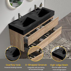 Grace 48''(24Inch*2) Bathroom Vanity with Black Engineered Quartz Sink and Rough Oak Drawers, Wall Mounted Floating Bathroom Vanity, One-Piece Basin without drainage and faucet, KD