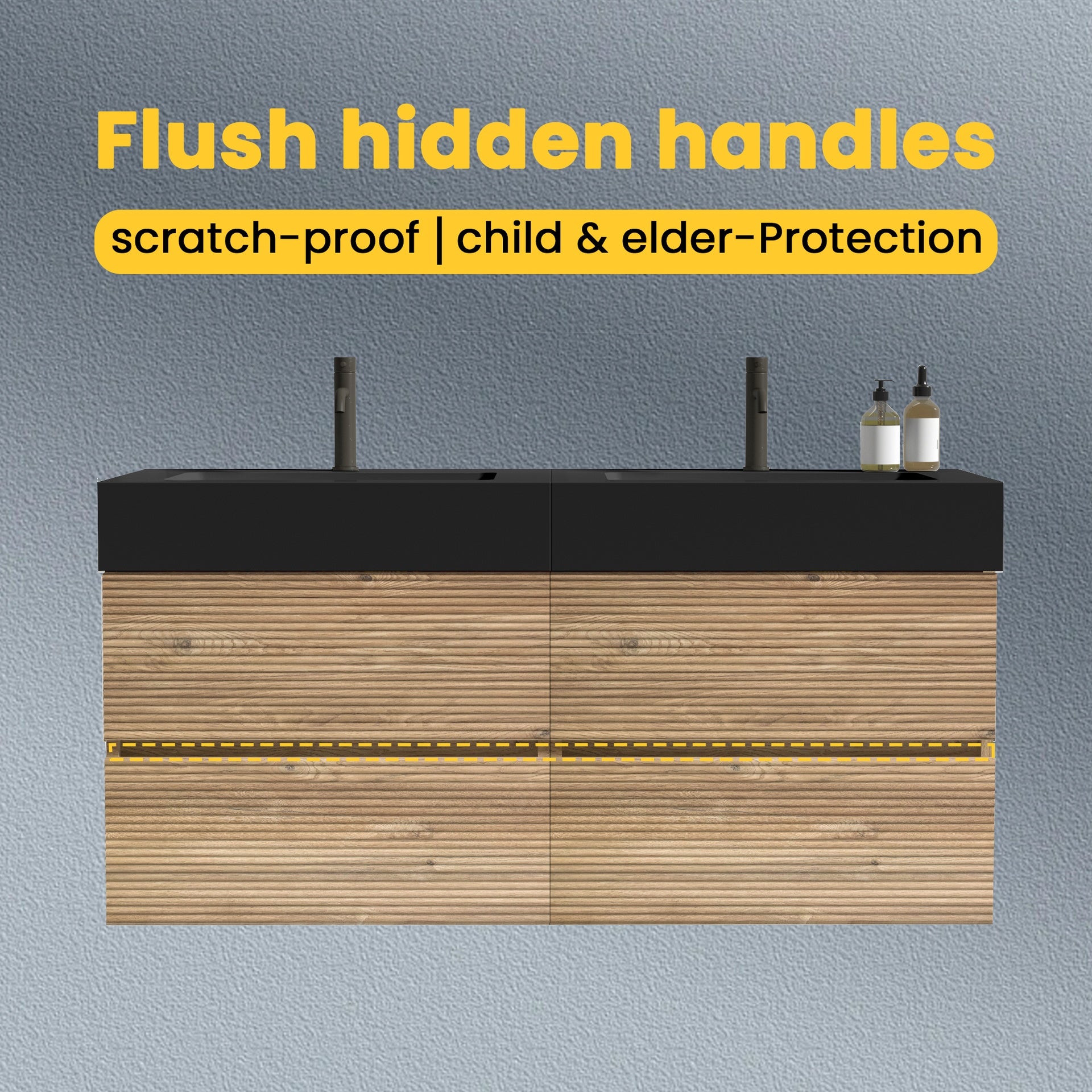 Grace 48''(24Inch*2) Bathroom Vanity with Black Engineered Quartz Sink and Rough Oak Drawers, Wall Mounted Floating Bathroom Vanity, One-Piece Basin without drainage and faucet, KD