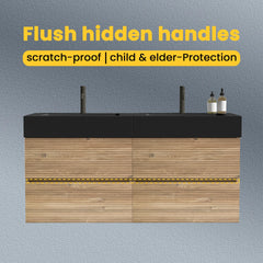 Grace 48''(24Inch*2) Bathroom Vanity with Black Engineered Quartz Sink and Rough Oak Drawers, Wall Mounted Floating Bathroom Vanity, One-Piece Basin without drainage and faucet, KD