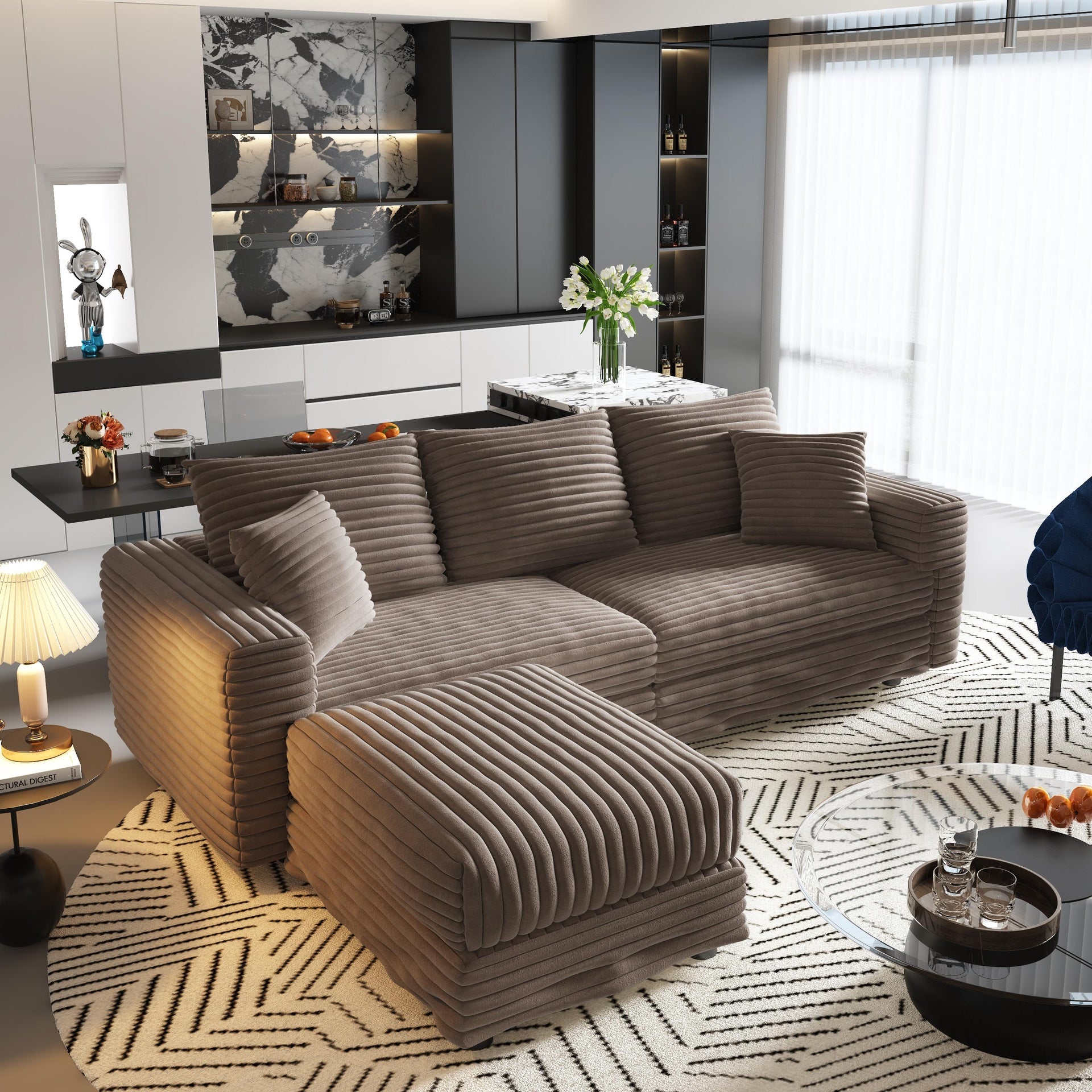 82.7 "Plush Corduroy 3-Seat Sofa,Modern Comfy Upholstered Sofa Cloud Couch,Deep Seat Couches with Soft Pillows and 1 Ottomans,Convertible Sofa Lounge Chair,Camel(Old SKU:W1885S00148)