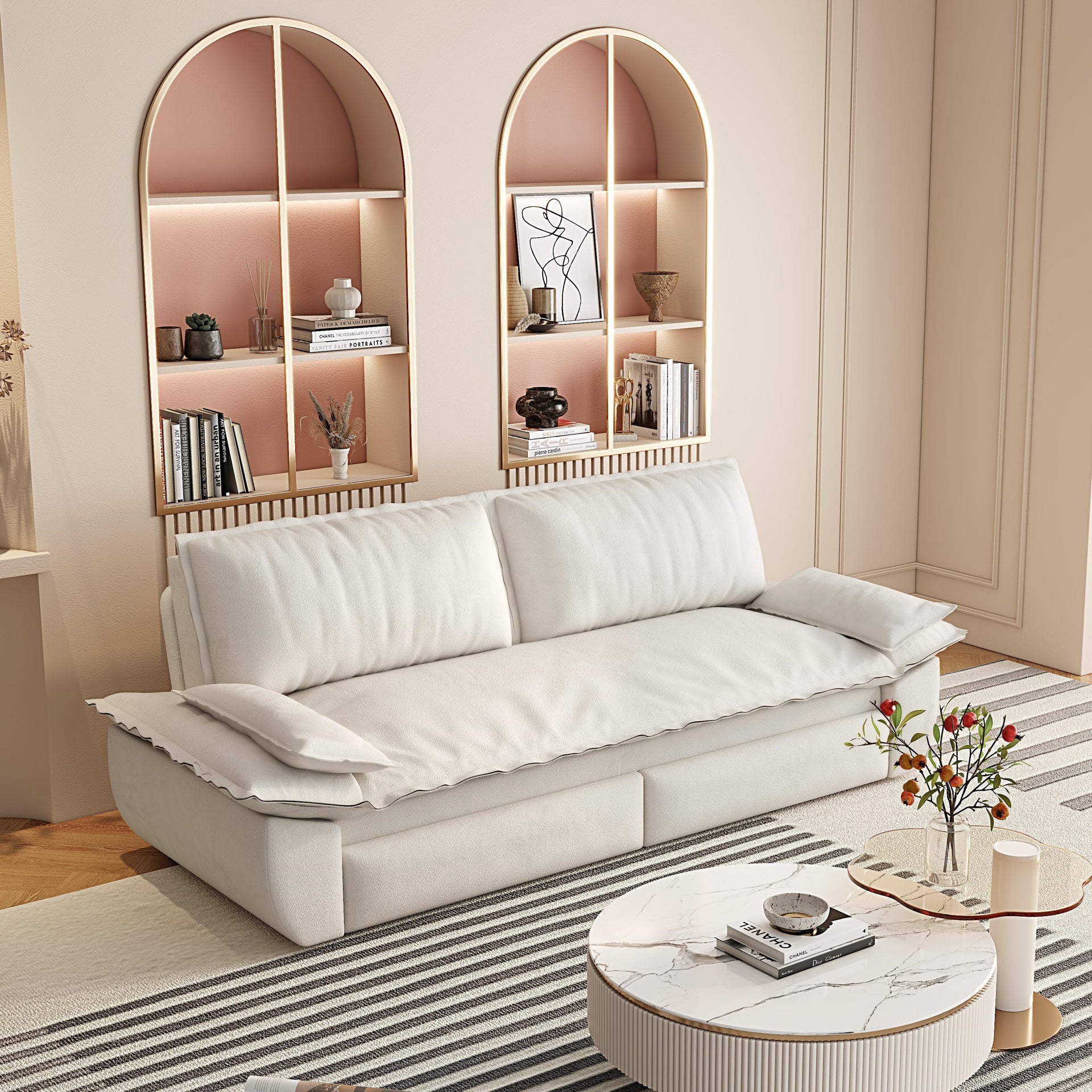 73.2"Queen Pull Out Sofa Bed,3-in-1 Convertible Sleeper Sofa,Multi-Functional Velvet Loveseat Bed,Beige/White(Old Sku:W1885S00049/W1885S00119/W1885S00188/W1885S00227)