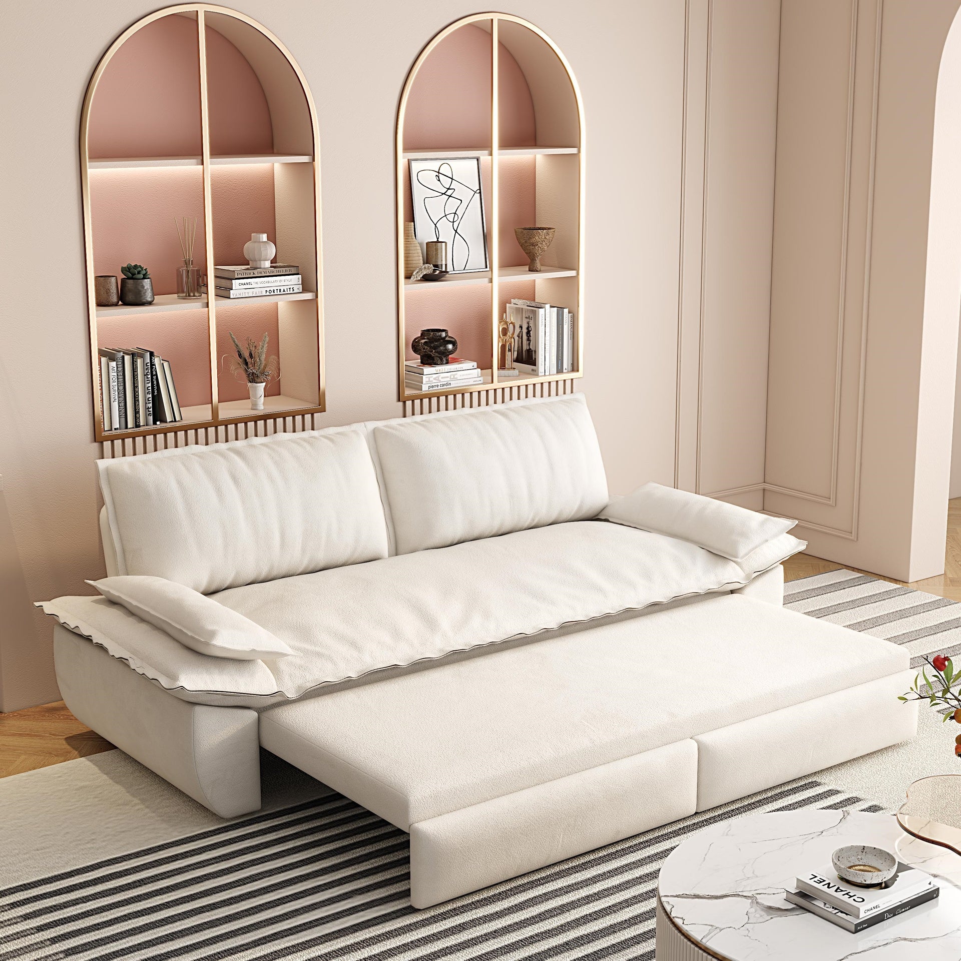 73.2"Queen Pull Out Sofa Bed,3-in-1 Convertible Sleeper Sofa,Multi-Functional Velvet Loveseat Bed,Beige/White(Old Sku:W1885S00049/W1885S00119/W1885S00188/W1885S00227)