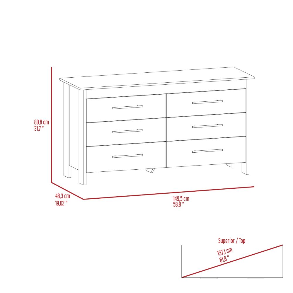 Hms 6 Drawer Double Dresser, Four Legs, Superior Top -Light Oak / White