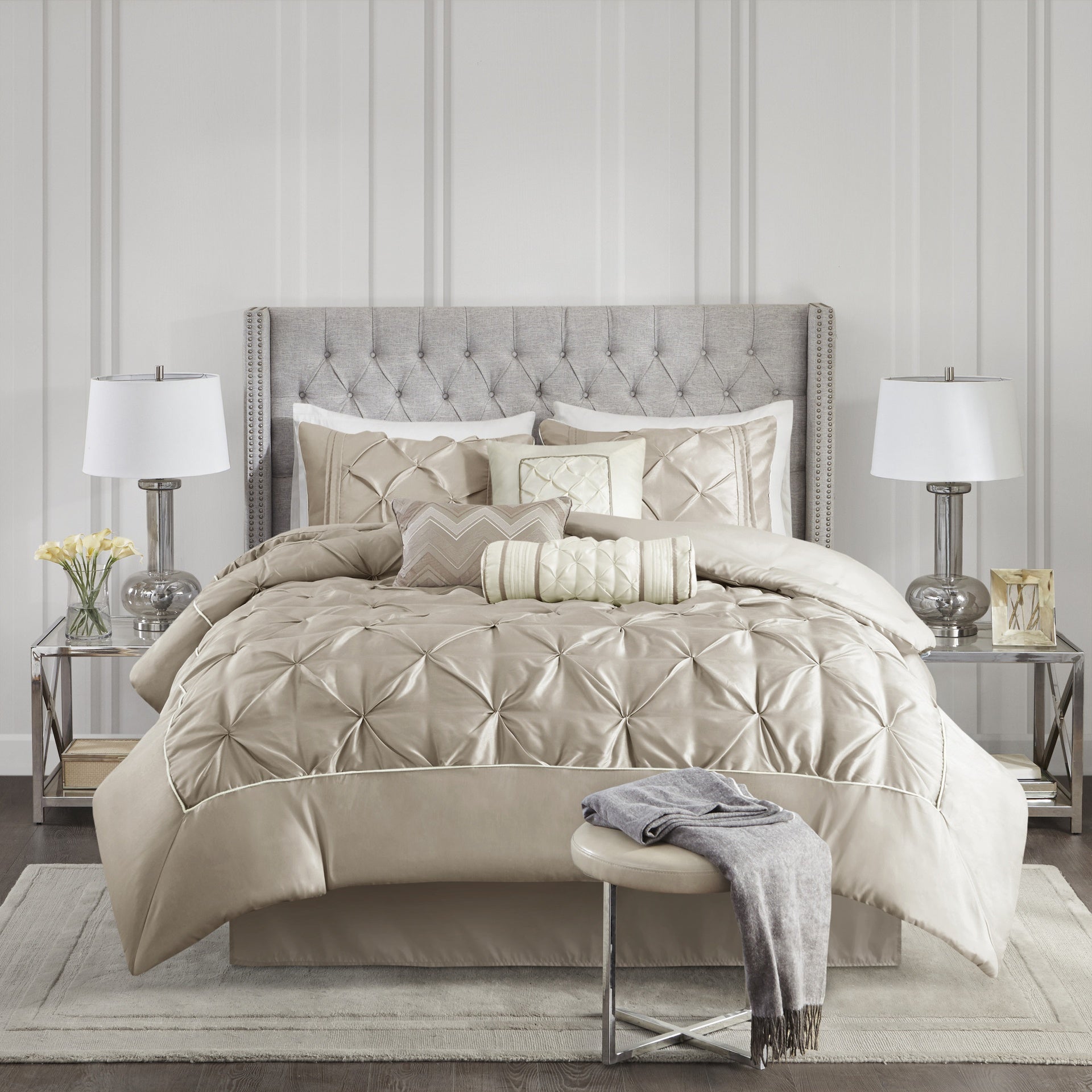 7-Piece Queen 100% Polyester Pieced Pleated Tufted Comforter Set