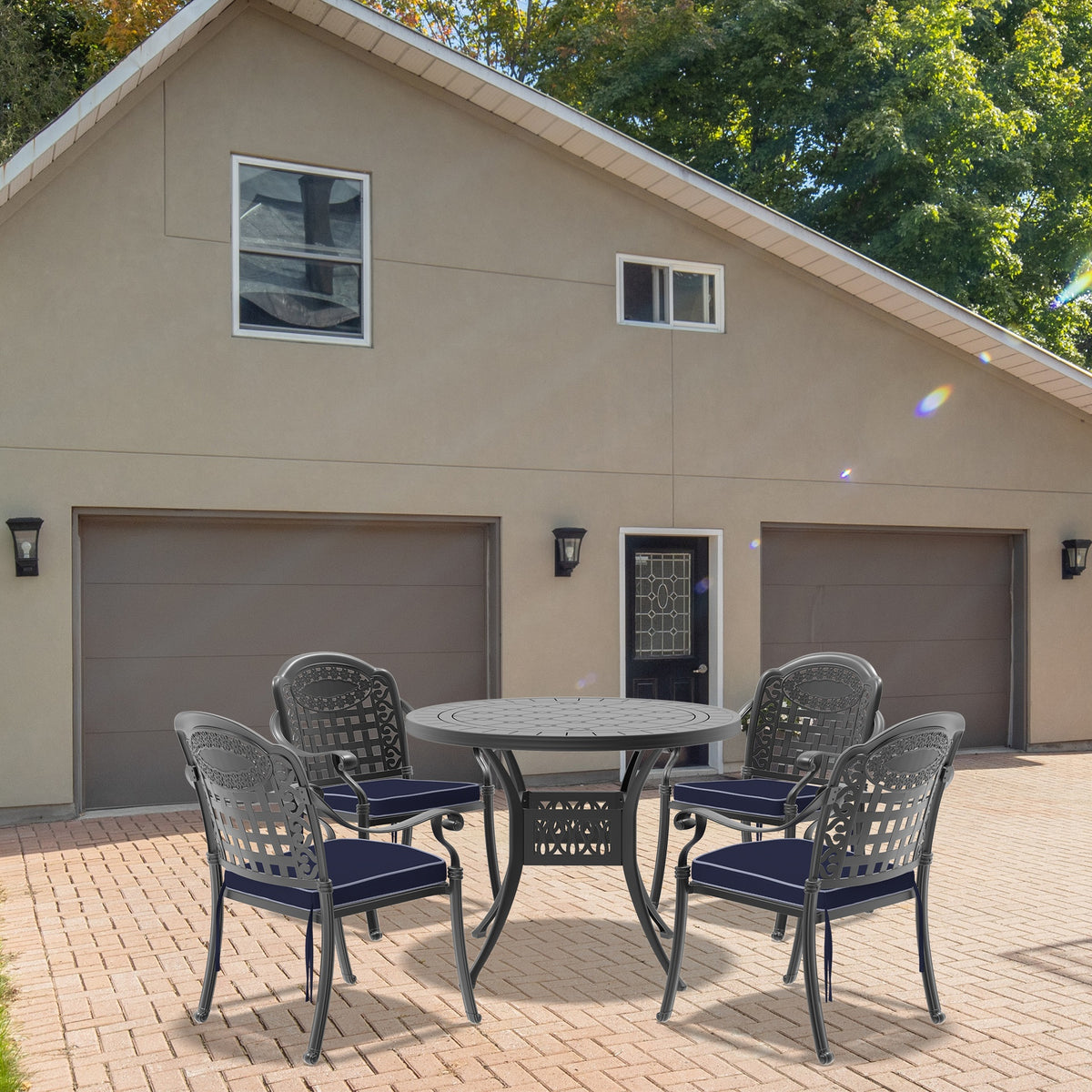 5-Piece Set Of Cast Aluminum Patio Furniture With Black Frame and Blue Seat Cushions(same sku:W1710S00070)