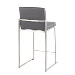 Fuji 26" Contemporary High Back Counter Stool in Stainless Steel and Grey Faux Leather by LumiSource - Set of 3