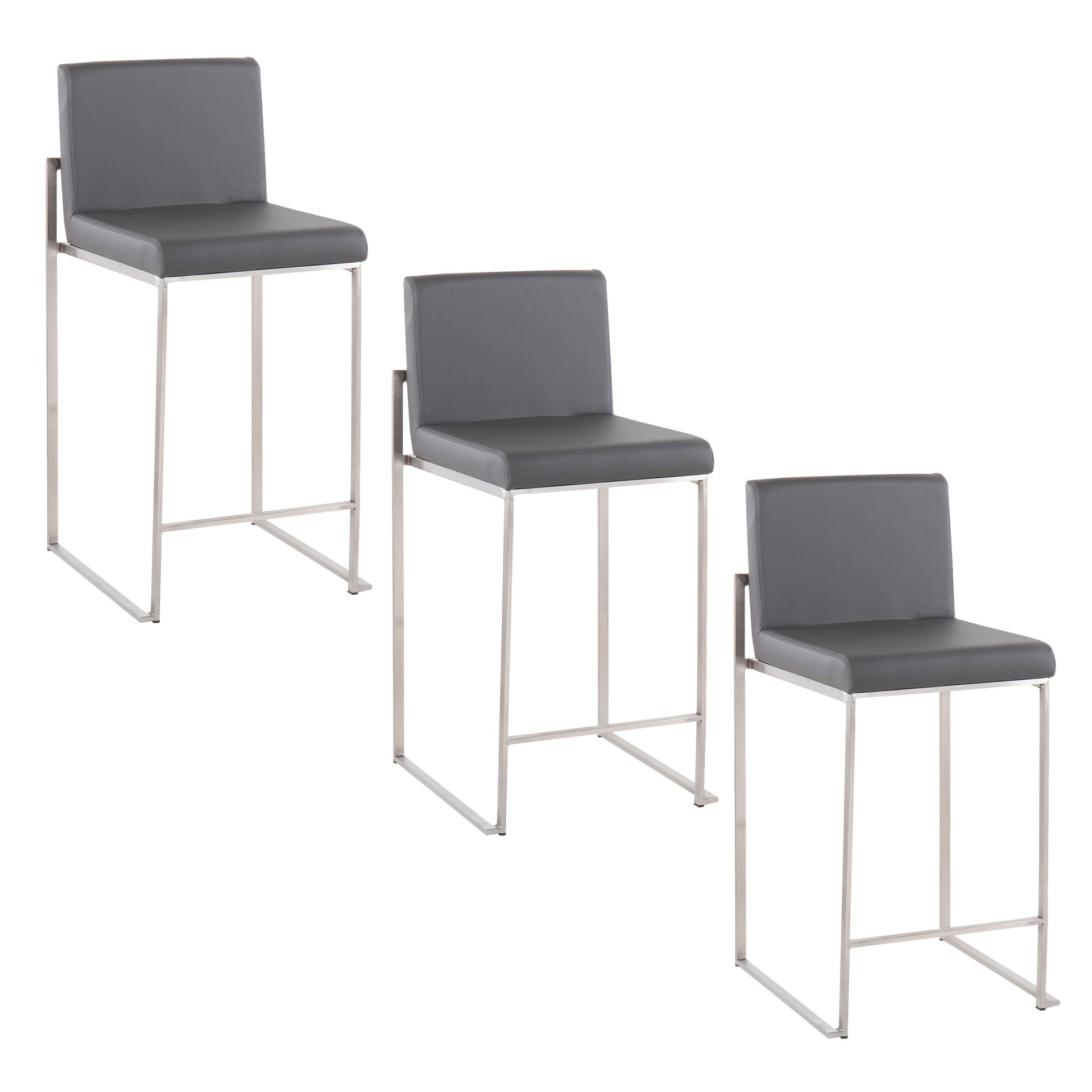 Fuji 26" Contemporary High Back Counter Stool in Stainless Steel and Grey Faux Leather by LumiSource - Set of 3