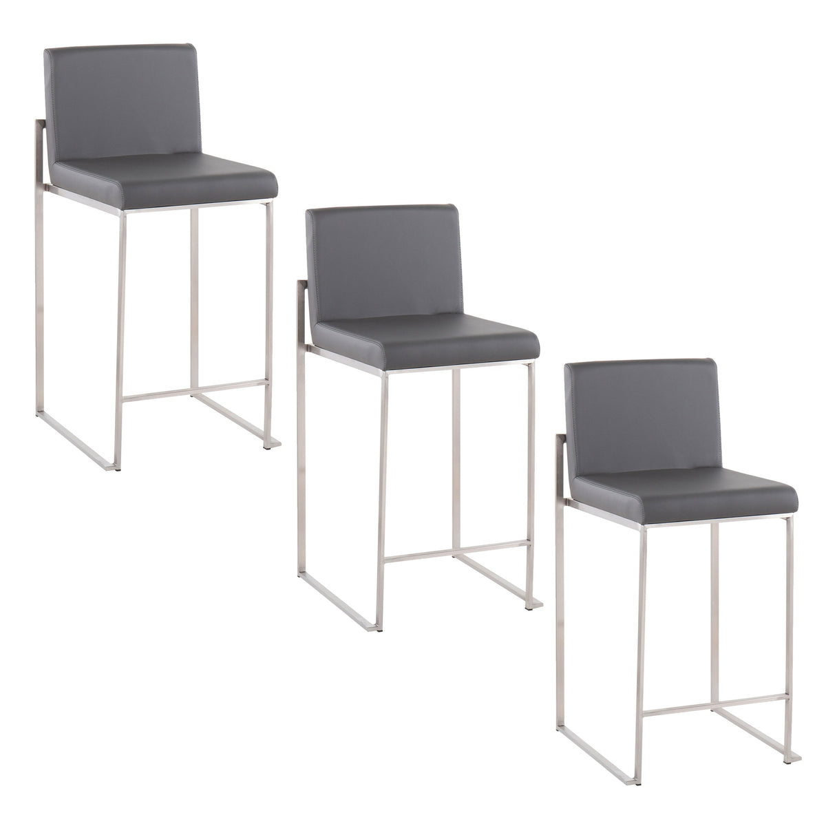 Fuji 26" Contemporary High Back Counter Stool in Stainless Steel and Grey Faux Leather by LumiSource - Set of 3