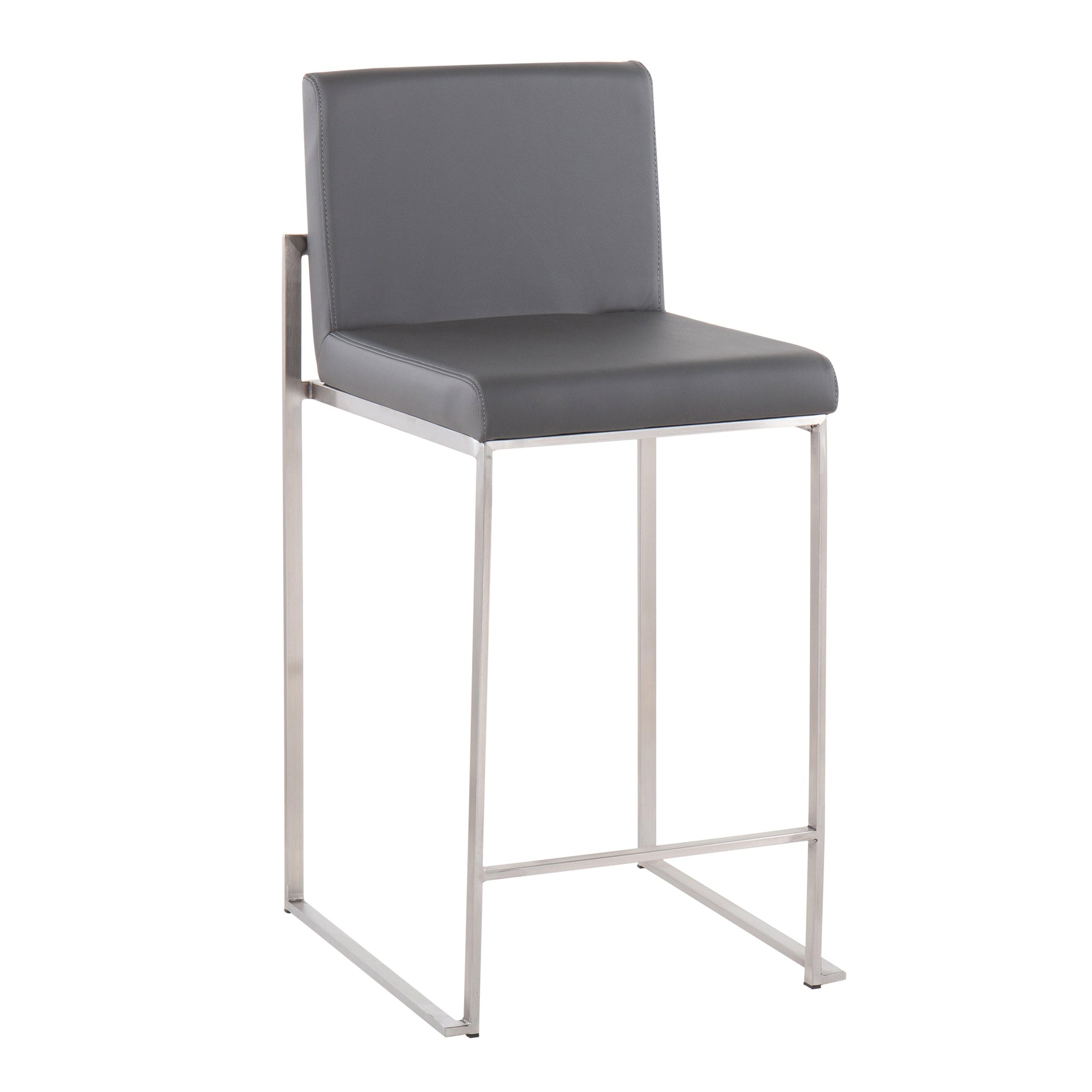Fuji 26" Contemporary High Back Counter Stool in Stainless Steel and Grey Faux Leather by LumiSource - Set of 3
