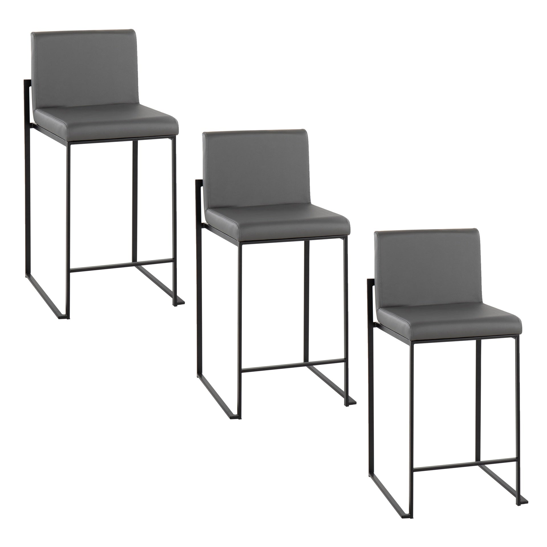 Fuji 26" Contemporary High Back Counter Stool in Black Steel and Grey Faux Leather by LumiSource - Set of 3