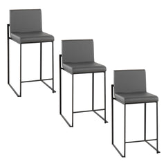 Fuji 26" Contemporary High Back Counter Stool in Black Steel and Grey Faux Leather by LumiSource - Set of 3