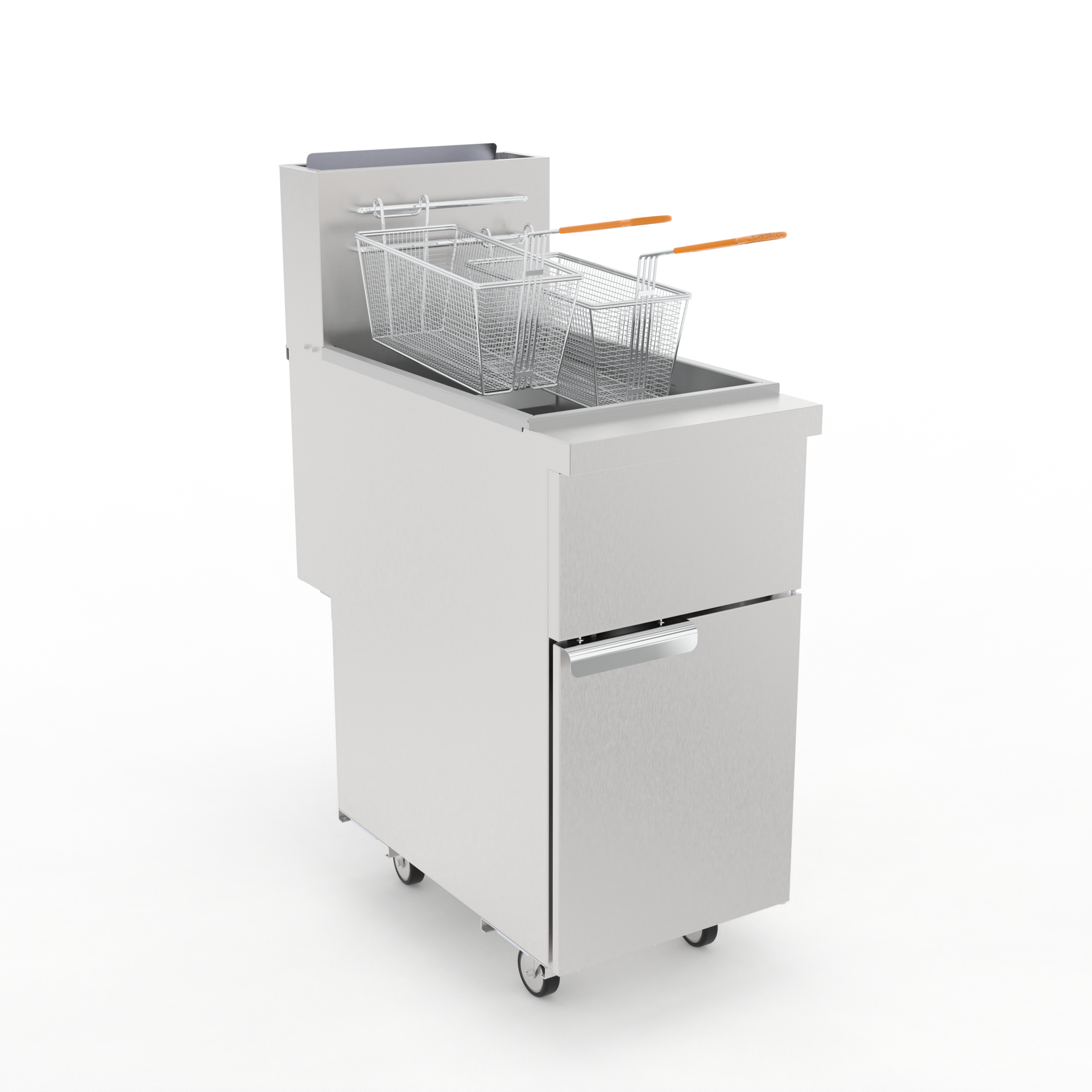 Commercial Natural Gas Fryer 120,000 BTU Stainless Steel Floor-Standing Fryer with Casters 50-Pound Oil Capacity Includes 2 Fry Baskets and 4 Heating Tubes Ideal for Restaurants and Food Trucks