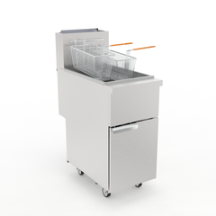 Commercial Natural Gas Fryer 120,000 BTU Stainless Steel Floor-Standing Fryer with Casters 50-Pound Oil Capacity Includes 2 Fry Baskets and 4 Heating Tubes Ideal for Restaurants and Food Trucks