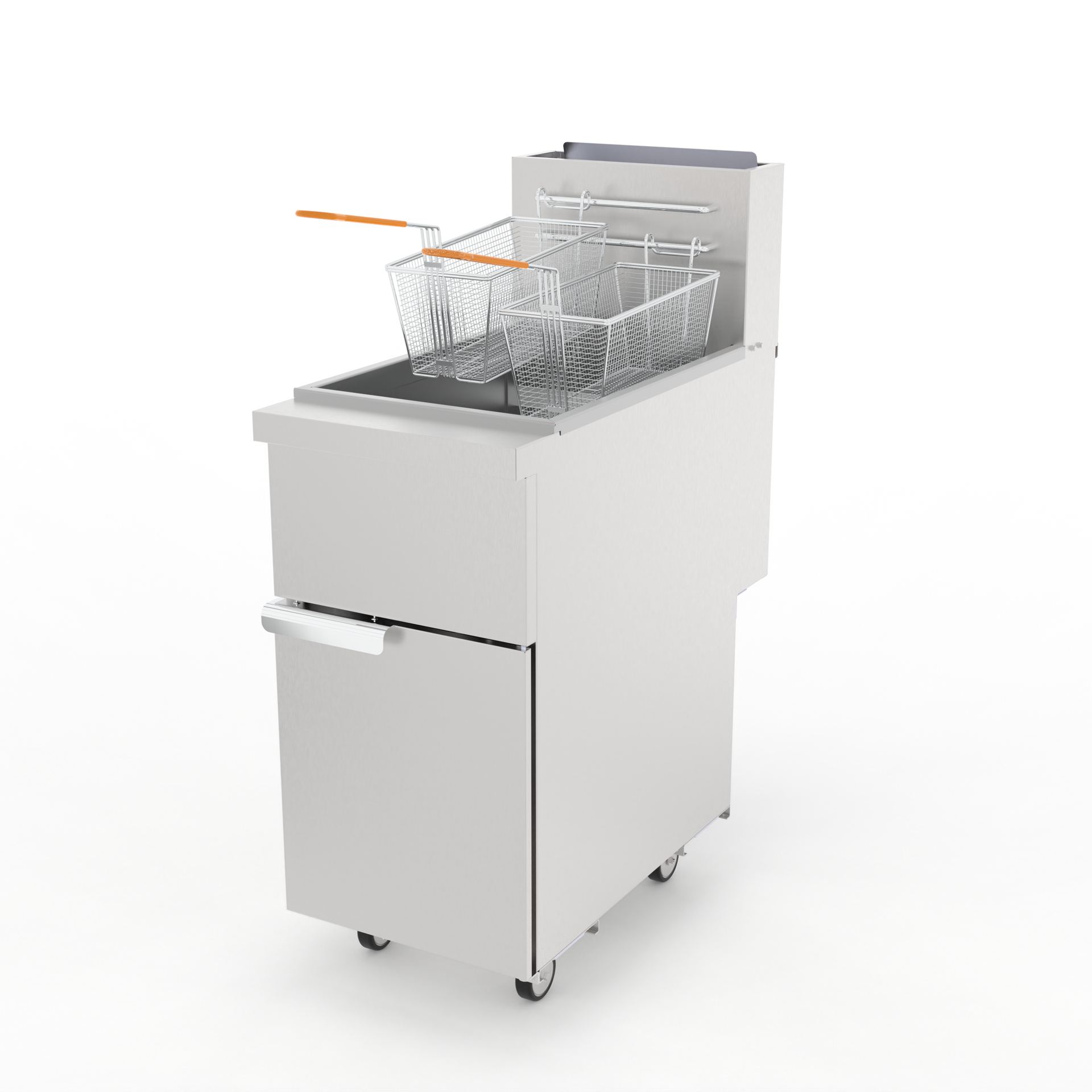 Commercial Natural Gas Fryer 120,000 BTU Stainless Steel Floor-Standing Fryer with Casters 50-Pound Oil Capacity Includes 2 Fry Baskets and 4 Heating Tubes Ideal for Restaurants and Food Trucks