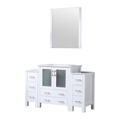 White Bath Vanity 54 in. W x 18.25 in. D, with Side Cabinets, White Ceramic Top, and 28 in. Mirror
