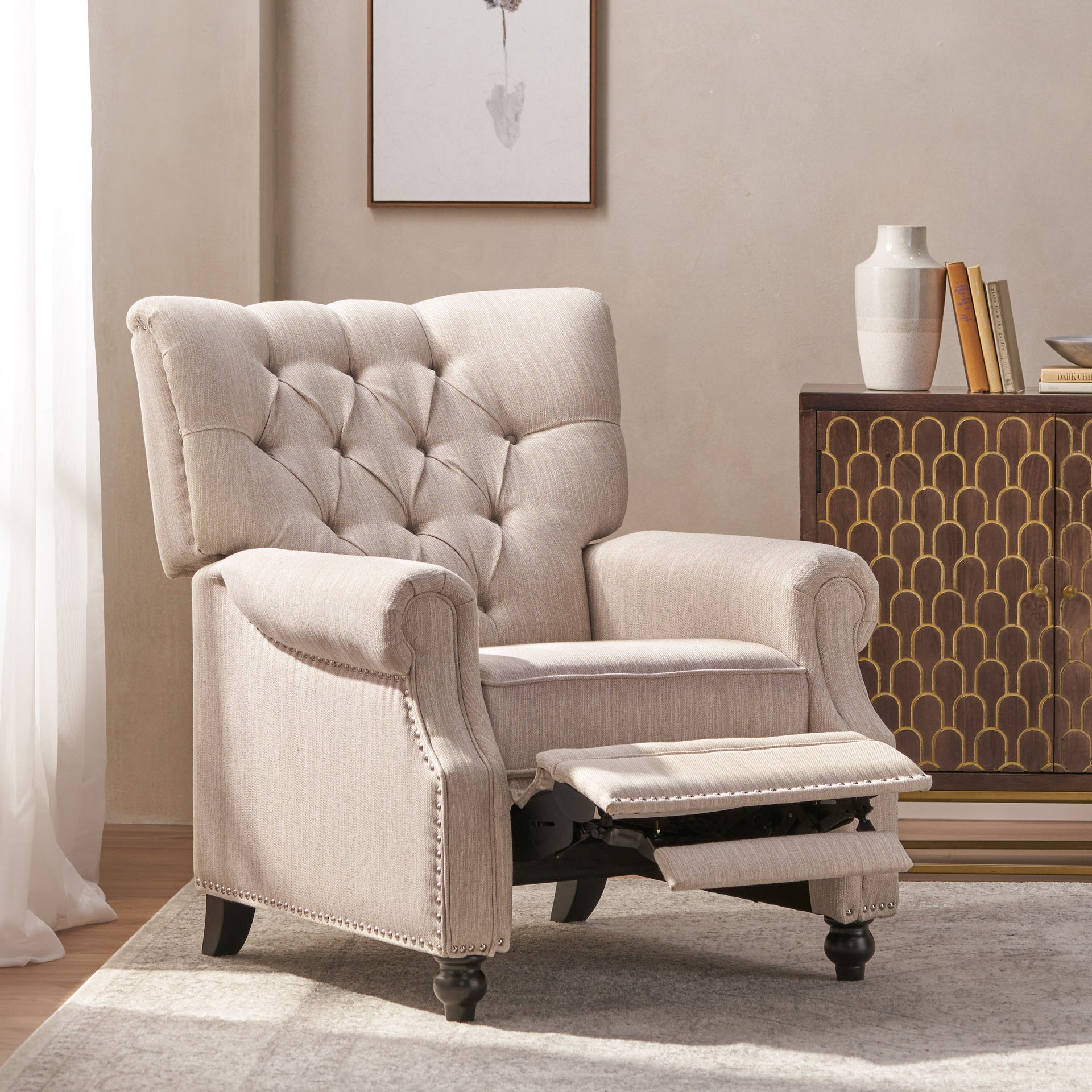 Button Tuffted  Heavy Duty Manual Reclining Sofa , Home Theater Seating, Pushback Recliner Chair Armchair Push Back Recliner with Rivet Decoration Single Sofa Accent Chair for Living Room
