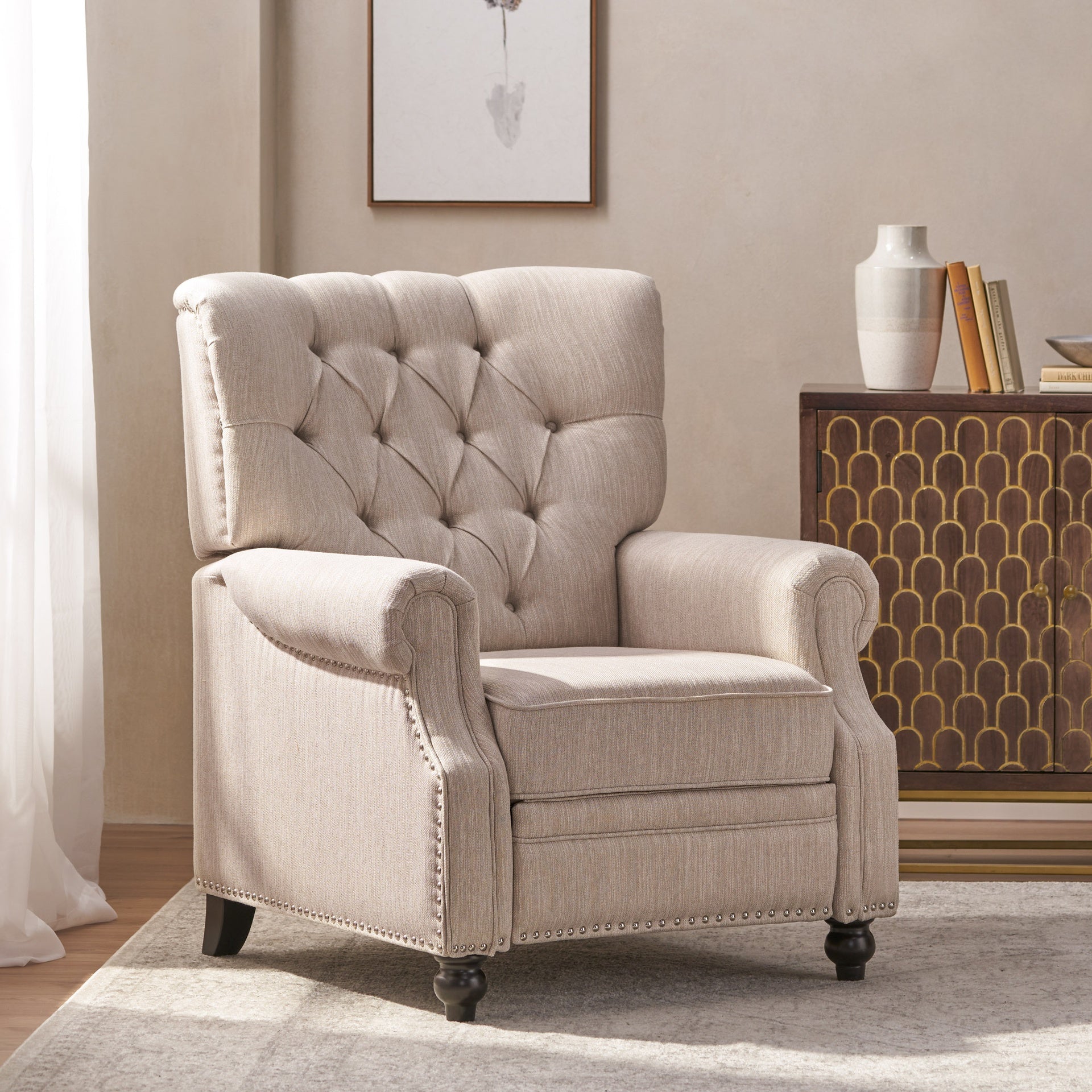 Button Tuffted  Heavy Duty Manual Reclining Sofa , Home Theater Seating, Pushback Recliner Chair Armchair Push Back Recliner with Rivet Decoration Single Sofa Accent Chair for Living Room