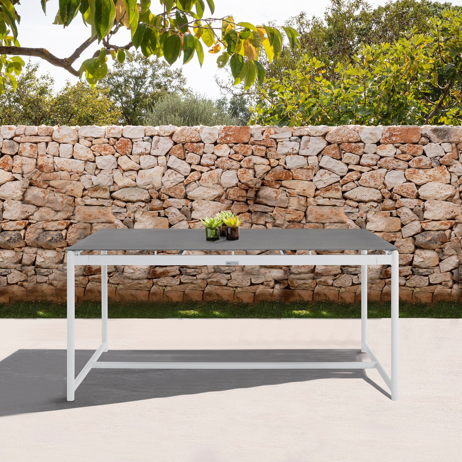 Wyncrest White Aluminum and Teak Outdoor Dining Table with Stone Top