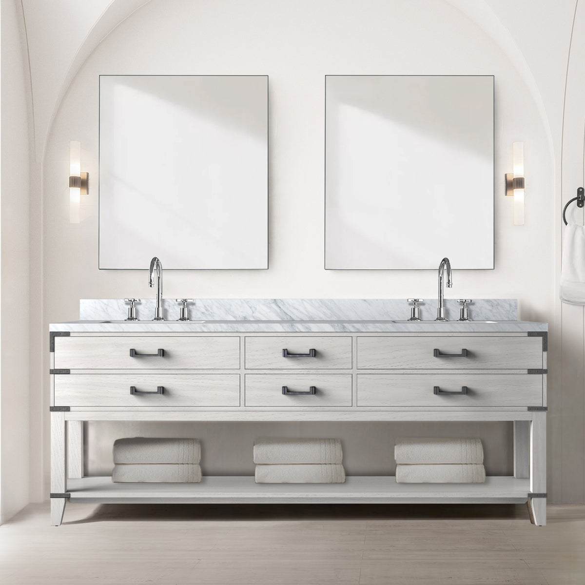 White Oak Double Bath Vanity 84 in. W x 22 in. D, with Carrara Marble Top