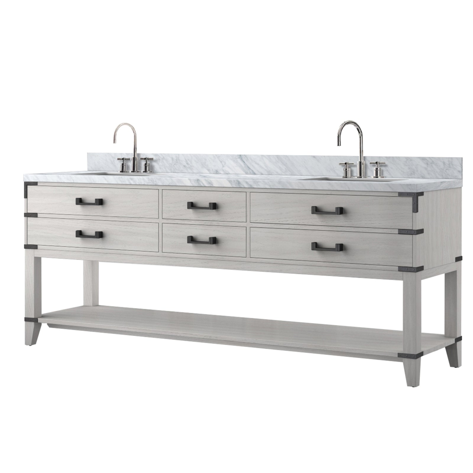 White Oak Double Bath Vanity 84 in. W x 22 in. D, Carrara Marble Top, and Faucet Set