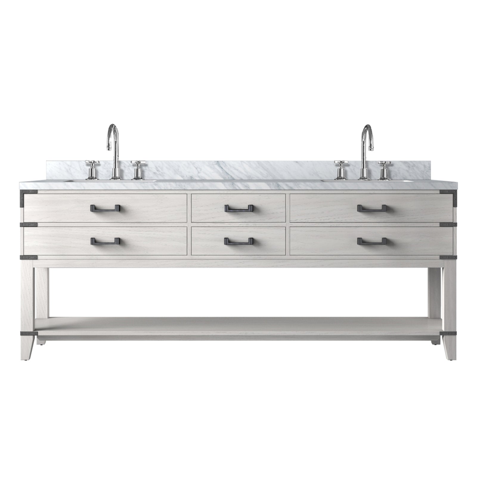 White Oak Double Bath Vanity 84 in. W x 22 in. D, Carrara Marble Top, and Faucet Set