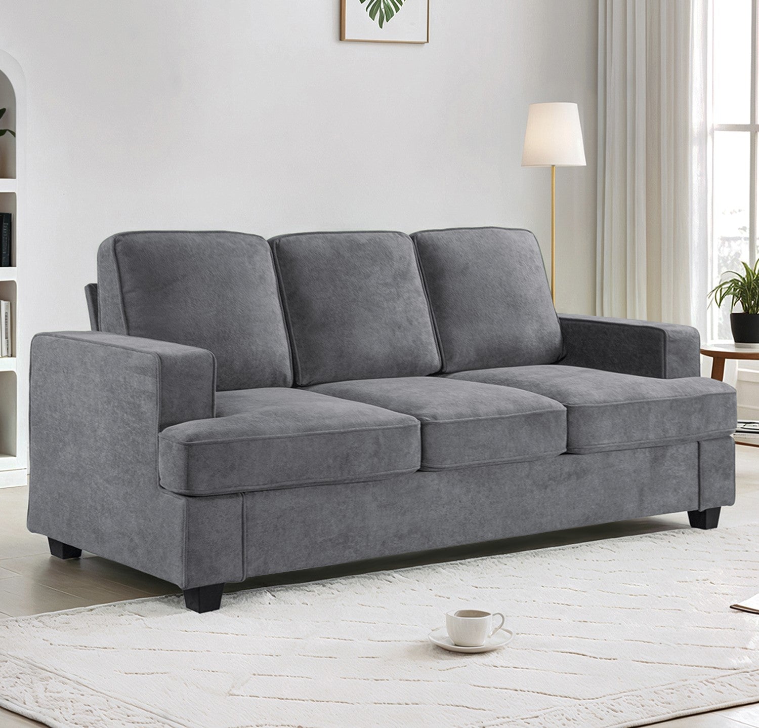 Modern Velvet Sofa, Comfortable 3 Seater Couch with Deep Seating and High-Density Foam, Loose Back Cushions, Wide Arms, Living Room Furniture for Home, Apartment, Office, Grey