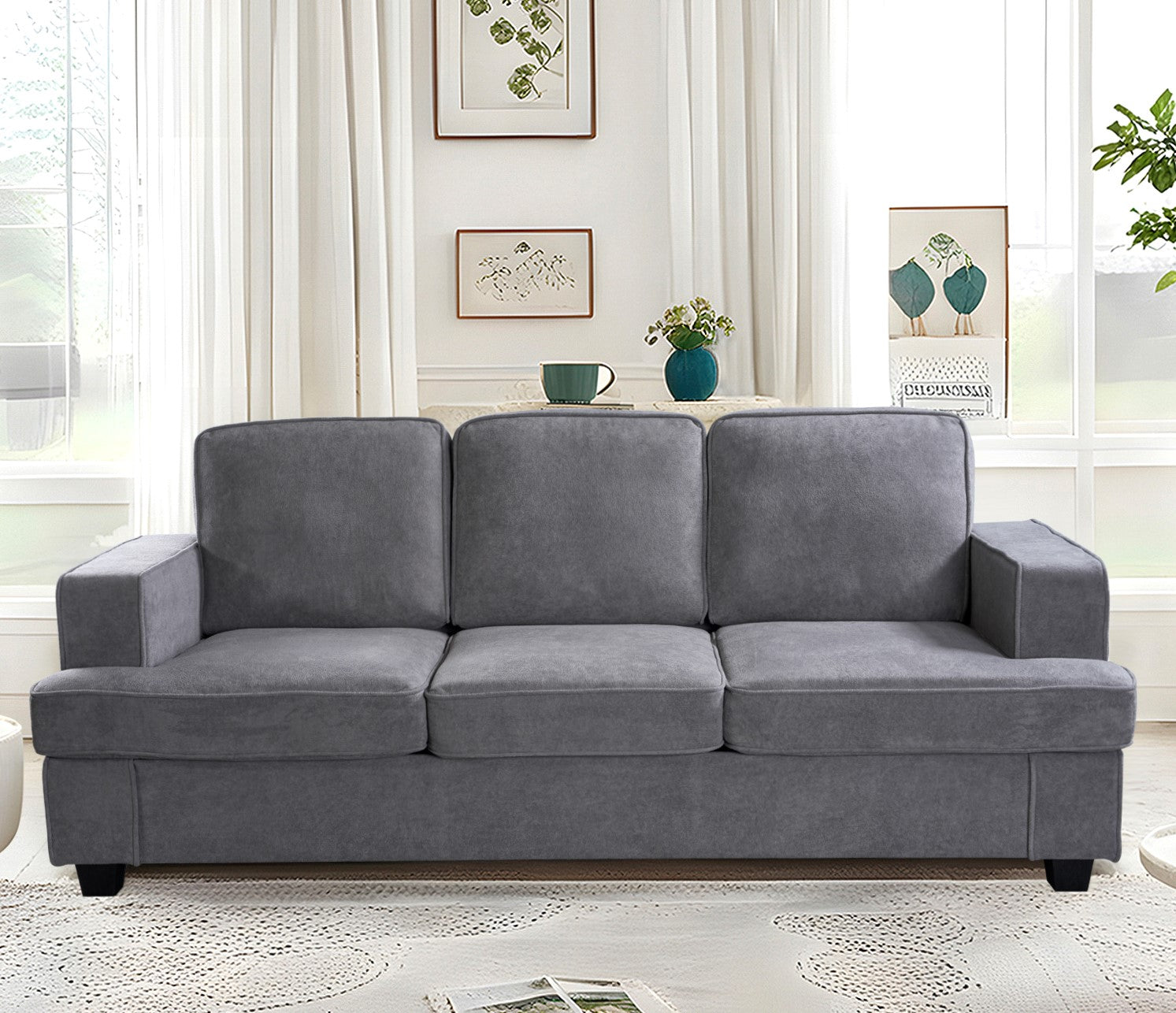 Modern Velvet Sofa, Comfortable 3 Seater Couch with Deep Seating and High-Density Foam, Loose Back Cushions, Wide Arms, Living Room Furniture for Home, Apartment, Office, Grey