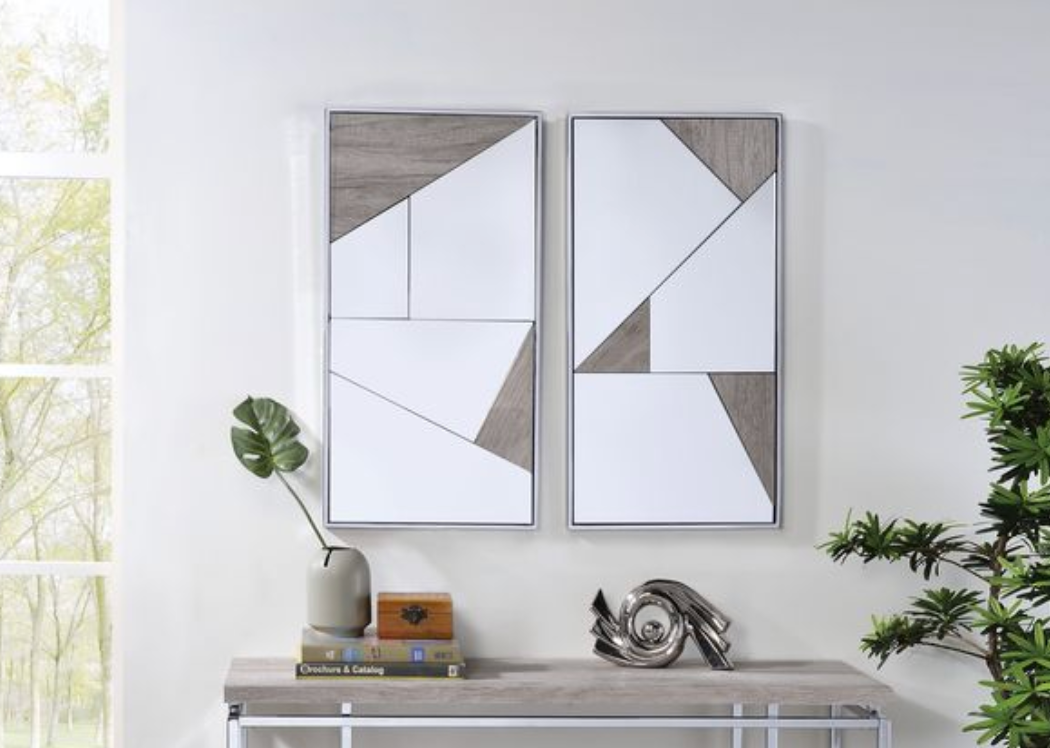 Chafik Mirrored, Natural Oak & Chrome Finish Accent Mirror (Set of 2) Assembled